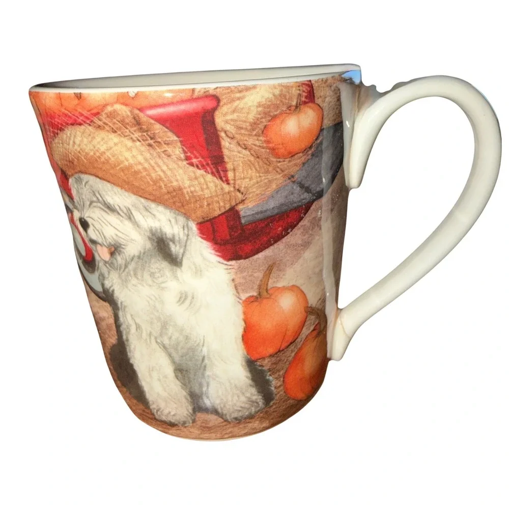Pier 1 Imports Dog Harvest Mug White Ironstone Pumpkin Patch Red Truck Excellent